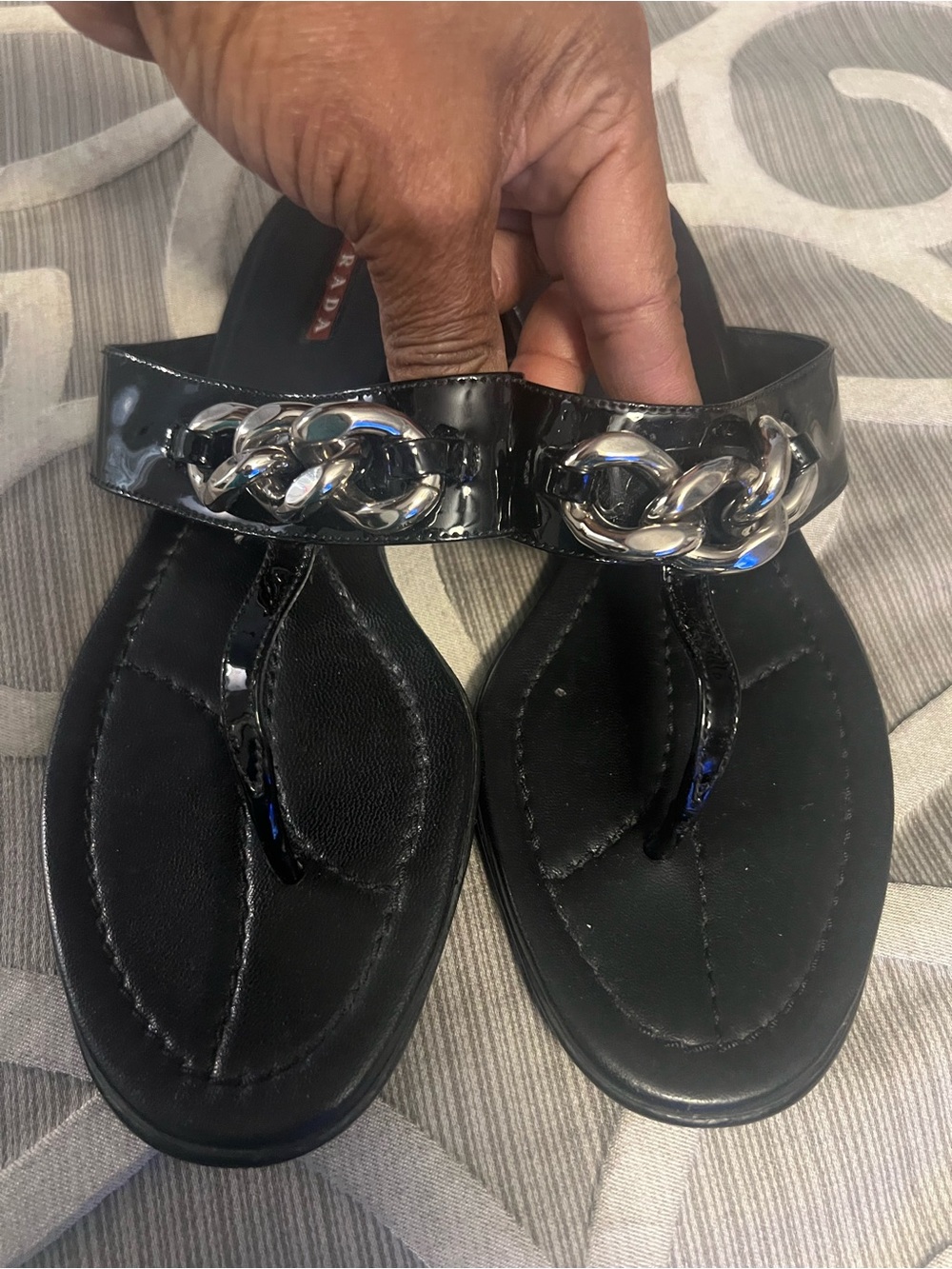 Black Patent Prada Thong Sandals with Silver Chain Accent